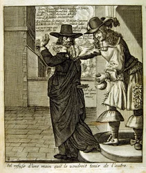 Illustrazione incisa del XVII secolo tratta da una raccolta di proverbi. Parigi 1657-1663. Di Jacques Lagniet (1620-1675). Incisore francese. Da lui provengono molte incisioni socialmente critiche e immagini di scherno, come le sue illustrazioni a volte gr