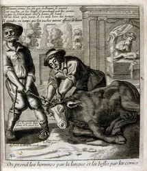 Illustrazione incisa del XVII secolo tratta da una raccolta di proverbi. Parigi 1657-1663. Di Jacques Lagniet (1620-1675). Incisore francese. Da lui provengono molte incisioni socialmente critiche e immagini di scherno, come le sue illustrazioni a volte gr