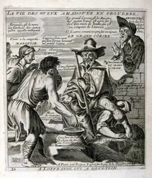 Illustrazione incisa del XVII secolo tratta da una raccolta di proverbi. Parigi 1657-1663. Di Jacques Lagniet (1620-1675). Incisore francese. Da lui provengono molte incisioni socialmente critiche e immagini di scherno, come le sue illustrazioni a volte gr