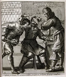 Illustrazione incisa del XVII secolo tratta da una raccolta di proverbi. Parigi 1657-1663. Di Jacques Lagniet (1620-1675). Incisore francese. Da lui provengono molte incisioni socialmente critiche e immagini di scherno, come le sue illustrazioni a volte gr