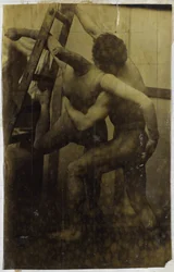Studio di un modello maschile nudo, lottando con un manichino, nell