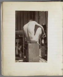 Studio di un modello maschile nudo, seduto e visto di schiena, nell