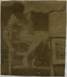 Studio di un modello maschile nudo, seduto su un gradino, visto di fronte con corda e arco in grembo, nell