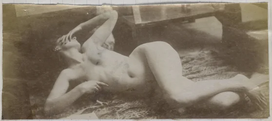 Studio di un modello femminile nudo, sdraiato su una pelle di tigre, nello studio di Jacques de Lalaing
