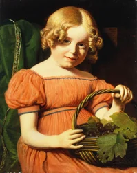 Ritratto di Louisa Booth, seduta a mezzo busto, in un vestito rosa corallo rifinito con una treccia blu che tiene un cesto di uva
