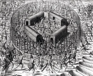 Johannes Staden aiuta a difendere gli indiani che lo catturarono contro i Tuppin Tkins, inciso da Theodore de Bry (1528-98), da 