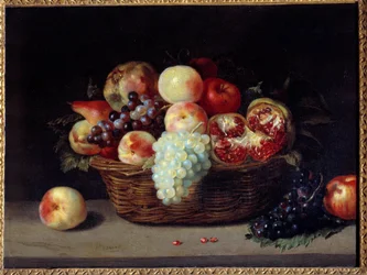 Cesto di melograni, pesche e uva