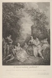 Conversazione galante: coppie che conversano in un giardino, 1743