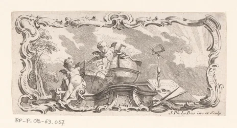 Vignetta con due putti con mappa, globo e strumenti di misurazione