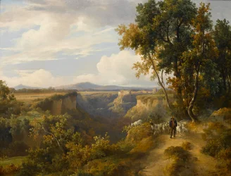 Un capraio e il suo gregge in un paesaggio all