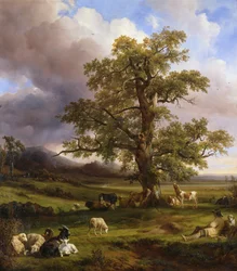 Animali che riposano intorno a una grande quercia, 1842