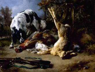 Spaniel con una natura morta di selvaggina morta