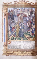 Manoscritto illuminato raffigurante un re e il suo esercito davanti a una città, 1503-04