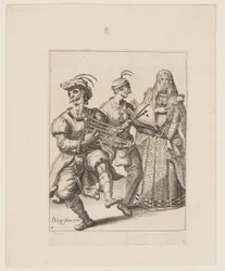 Donna velata con due musicisti che suonano una graticola e un mantice, da Le mascherate