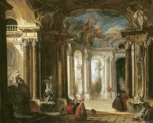 Interno di un palazzo barocco con compagnia elegante che conversa vicino a fontane