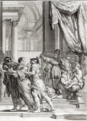 Jehoiada, Sommo Sacerdote di Gerusalemme, proclama il principe Joas re di Giuda, scena da 