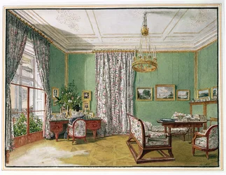 Una signora alla sua scrivania in un salotto Biedermeier, ca. 1821