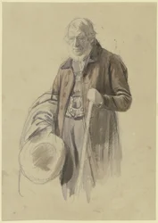 Uomo barbuto con il cappello tolto e il cappotto sul braccio, con un bastone nella mano sinistra