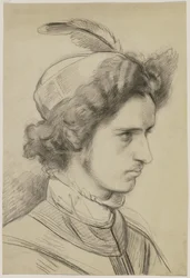 Giovane uomo con cappello piumato di tre quarti