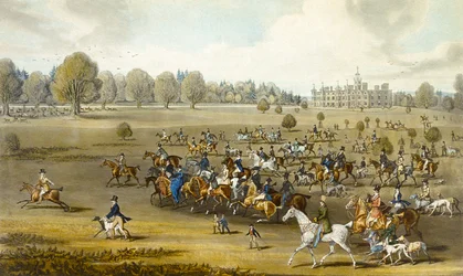 Cacciatori che prendono il campo a Hatfield Park, inciso da James Pollard