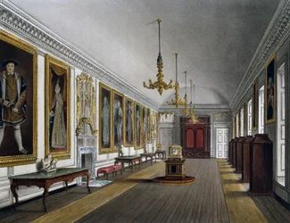 Galleria della Regina, incisione di Thomas Sutherland su disegno di James Stephanoff, da The History of the Royal Residences
