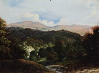 Paesaggio con edifici in una foresta (olio su tavola di mulino)