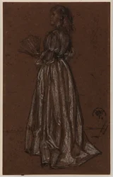 Figura in piedi con ventaglio, 1873/1876 circa (gesso bianco e nero su carta marrone)
