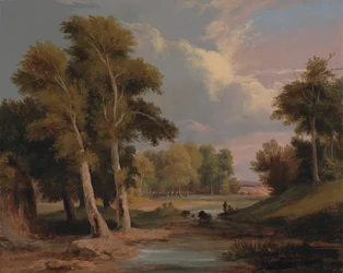 Paesaggio fluviale boscoso con pescatori