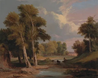 Paesaggio fluviale boscoso con pescatori