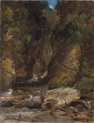 Rocce e alberi con ruscello