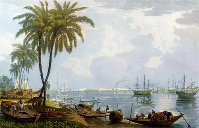 Veduta di Calcutta, da un punto opposto a Kidderpore, 1837, inciso da Robert Havell il Giovane