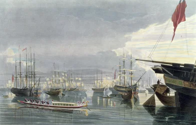 Veduta del fiume, delle navi e della città di Calcutta, da vicino Smiths Dock, 1837, inciso da Robert Havell il Giovane