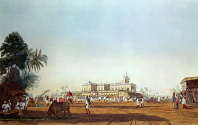 Lall Bazaar e la Cappella Portoghese, Calcutta, inciso da Robert Havell, pub. 1824