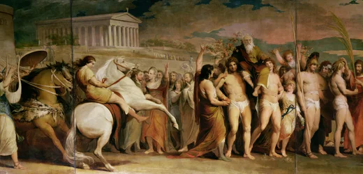 Incoronazione dei vincitori a Olimpia, terza parte della serie «Il progresso della cultura e della conoscenza umana», dettaglio del pannello centrale raffigurante Diagora, 1777-1801 circa