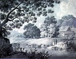 Paesaggio, con un fiume in primo piano