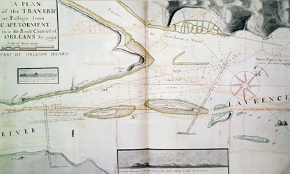 Mappa dei passaggi sul fiume San Lorenzo vicino a Quebec, isola di Orleans