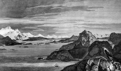 Veduta di Christmas Sound, Terra del Fuoco, disegno di William Hodges, incisione di William Watts, illustrazione da 