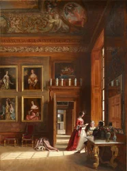 Una vista romantica della Grande Camera da Letto del Re con un gruppo di persone in costume del XVII secolo, c.1703-05
