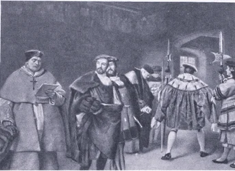 Congedo del Cardinale Wolsey da Re Enrico VIII, dalla Storia del Popolo Britannico di Cassell pubblicata dalla Waverley Book Company, c.1950s