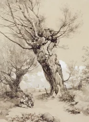 Paesaggio con figure sotto alberi capitozzati