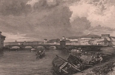 Veduta del fiume Arno a Pisa, Toscana, Italia, incisione in acciaio di Thomas Higham (1796-1844) da un disegno di James Duffield Harding (1798-1863)