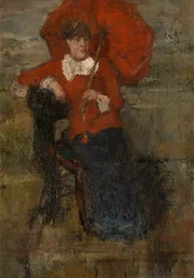 La signora con il parasole rosso (olio su tela)