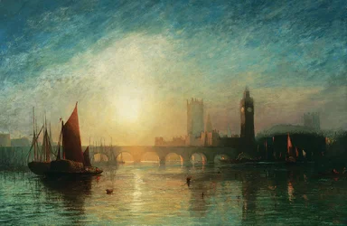 Veduta del ponte di Westminster e delle case del Parlamento, con chiatte di fieno e altre imbarcazioni in primo piano, 1869