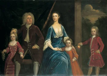 Ritratto di gruppo di Henry, 5° Lord Arundell di Wardour e sua moglie Elizabeth, insieme ai loro figli, in un interno, un paesaggio oltre