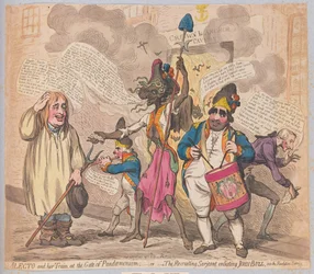 Alecto e il suo seguito alla porta di Pandaemonium o il sergente reclutatore che arruola John Bull nel servizio della rivoluzione, pub. (hand coloured engraving)