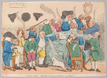 Farmacisti, sarti, ecc. che conquistano Francia e Spagna, pub. 1779 (incisione colorata a mano)