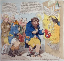 Carità blu e buff, o Il patriarca del clero greco che chiede aiuto, pubblicato da Hannah Humphrey nel 1793 (incisione colorata a mano)