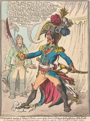 Buonaparte, venuto a conoscenza della vittoria di Nelson, giura sulla sua spada di sterminare gli inglesi dalla faccia della Terra (da: Caricatura, vol. 1)