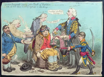 Il dottor Sangrado che cura John Bull dalla replezione, pubblicato da Hannah Humphrey nel 1803 (acquaforte colorata a mano)