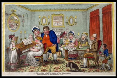 Il contadino Giles e sua moglie mostrano la loro figlia Betty ai vicini al suo ritorno da scuola, pubblicato da Hannah Humphrey nel 1809